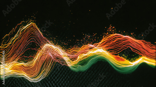 Thermal wave abstract background heat map energy line sound wave dark background carbon fiber noise texture sensor grain high contrast orange green yellow red glowing line wave pattern flowing