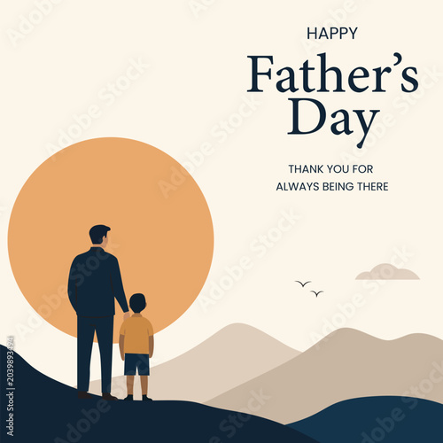 Happy Father's Day Greeting Poster with Silhouette of Father and Son Looking at Sunset, Minimalist Vector Illustration Stock Background for Social Media Banner
