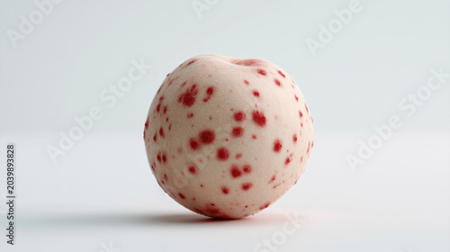 Fresh peach skin with red spot rash on clean studio table, soft light, medical concept, close up, isolated fruit, minimal background, texture detail