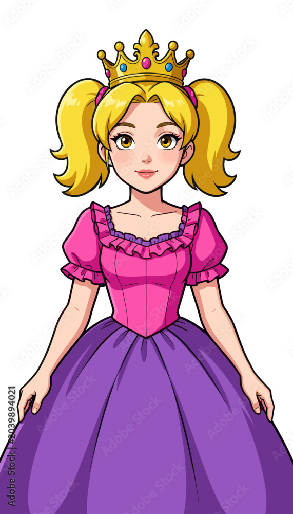 Fototapeta premium Princess in Pink and Purple Gown Standing Against White Background