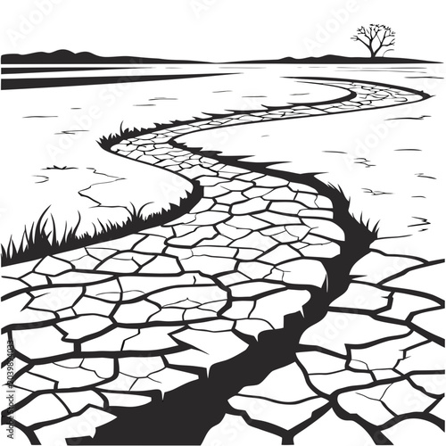 Bild auf Leinwand dried riverbed vector illustration with cracked earth black white landscape envi