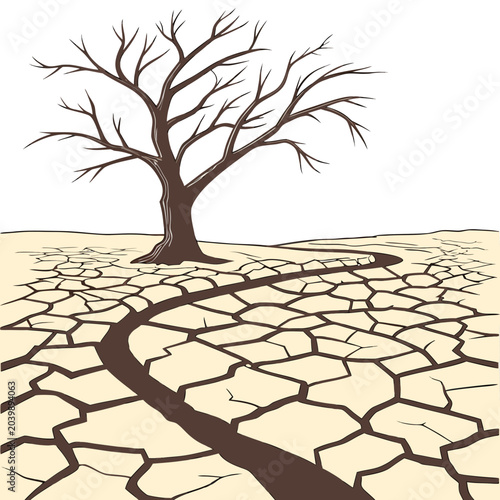 Quadro em tela dry cracked earth with barren tree vector illustration desert drought climate ch