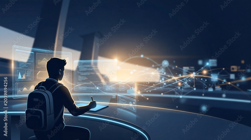 Fototapeta premium Student using AI powered learning dashboard in futuristic classroom