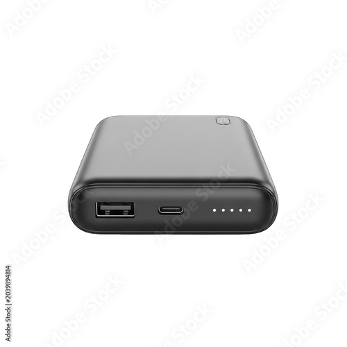 Black power bank with ports and indicator lights on transparent background high quality professional detailed modern