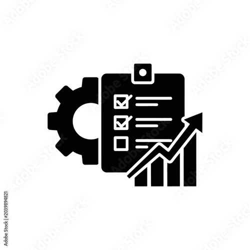 Checklist integrated with a gear and a growth chart symbolizes the systematic approach to project management, operational efficiency, and business performance tracking.