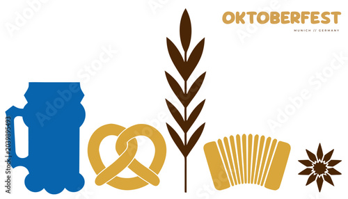 Tableau sur toile Bold flat vector Oktoberfest: dirndl silhouette, beer barrel, gold accents for c