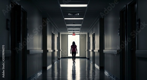 Silhouette of person in dark hotel corridor with light