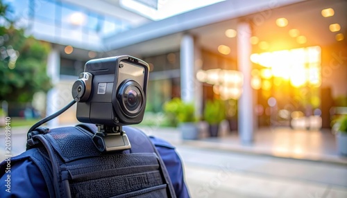 Police Body Camera Mounted on Dark Blue Uniform Vest Captures Outdoor Scene
