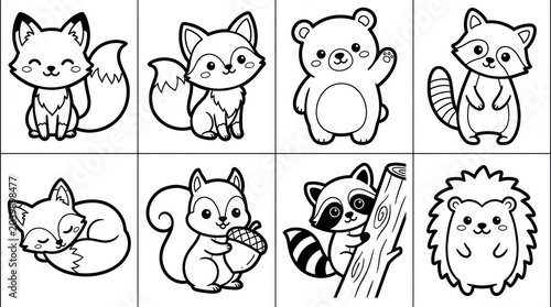 Black and white illustration of various forest animals  cartoon style  for coloring book