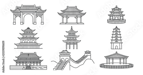 Photos Vector set of black outline icons featuring iconic Chinese architecture includin
