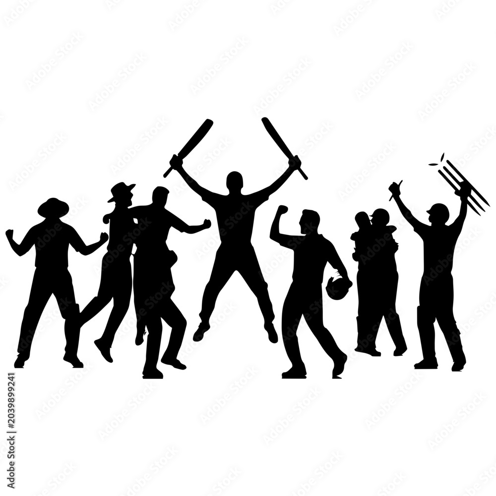 Fototapeta premium Silhouette of a jubilant cricket team celebrating a victory with bats raised high