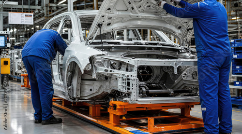 Automotive Assembly Line: Workers Building Car Chassis in Factory