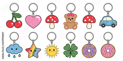 Fotografie Cute cartoon keychain collection with ten colorful charm designs featuring cherr