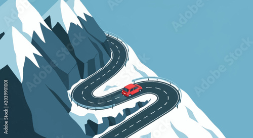 Foto Winding mountain road with a red car.