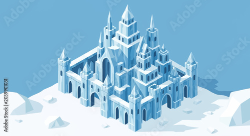 Foto Snowy fantasy castle on mountain peak.