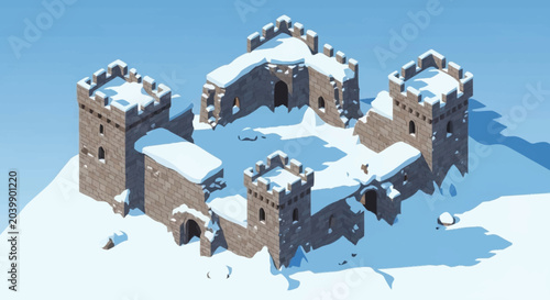 Photos Snowy castle ruins on a hill.