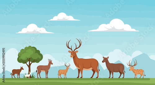 Photography Diverse Deer Herd Grazing in Lush Green Meadow Under Blue Sky with Clouds