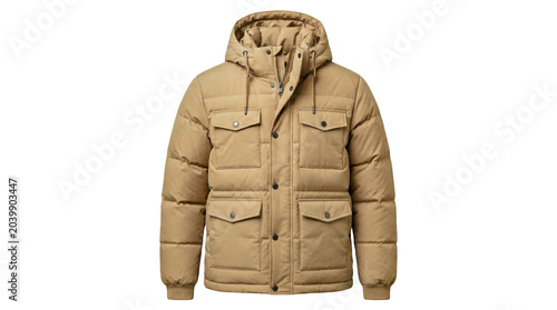 Tan quilted jacket with hood on white background isolated on transparent background