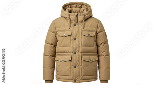 Tan hooded jacket with multiple pockets isolated on transparent background