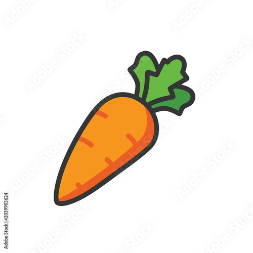 A simple flat vector illustration of a fresh orange carrot with green leaves.