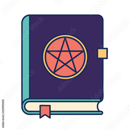 A mystical spellbook featuring a prominent pentagram symbol on the cover.