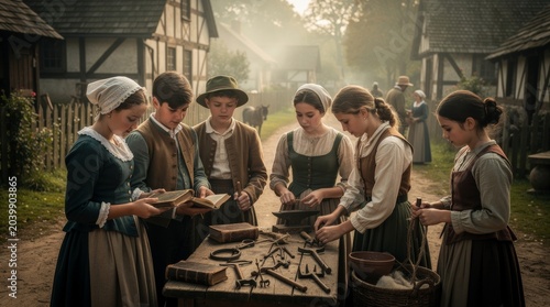 Children Learning Historical Crafts in a Village Setting