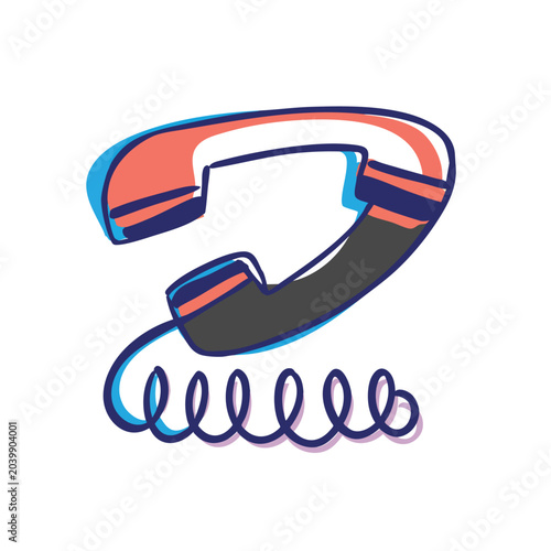 Retro landline telephone handset icon in colorful doodle style.