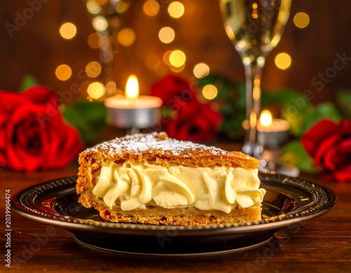 Romantic dessert slice on a dark plate