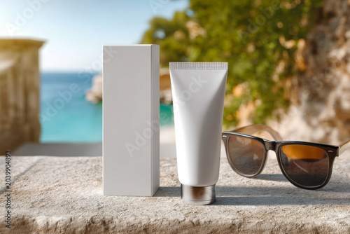 Blank Sunscreen and Skincare Products on Beach Resort Ledge