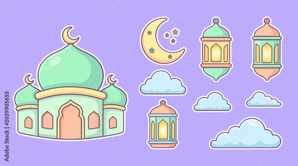 Fototapeta premium Vibrant whimsical Islamic festive elements featuring a charming mosque, glowing lanterns, a crescent moon, and fluffy clouds, perfect for holiday greetings and decorative designs