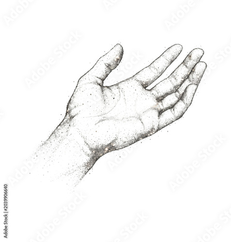 Stippling pen-and-ink illustration of an open human palm facing upward, detailed pointillism hand study on transparent background
