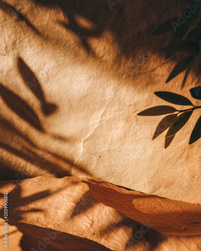 Warm Leaf Shadows on Earthy Plaster Wall Background