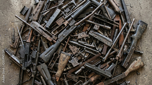 Pile of Discarded Firearms and Weapon Parts on Concrete Floor