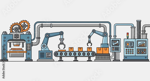 Automated factory production line with robotic arms and conveyor belt, industrial manufacturing concept