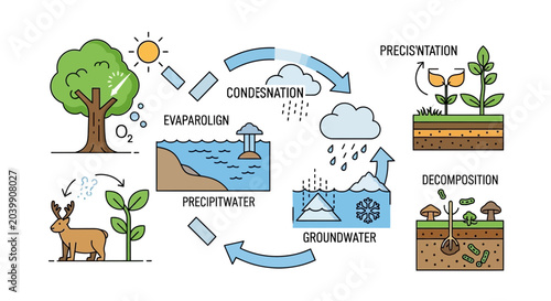 Water Cycle Diagram: Evaporation, Condensation, Precipitation, Groundwater, Decomposition