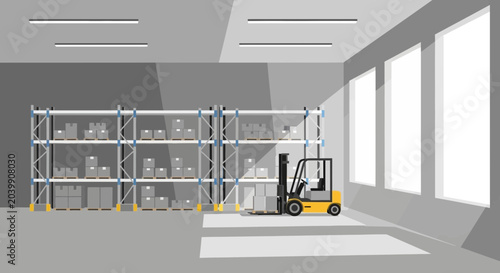 Warehouse interior with forklift and stacked boxes on shelves, industrial storage space