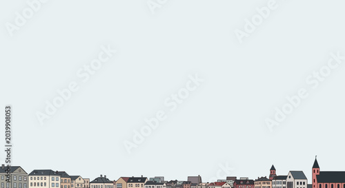 Minimalist cityscape with pastel colored houses and clear sky, urban background
