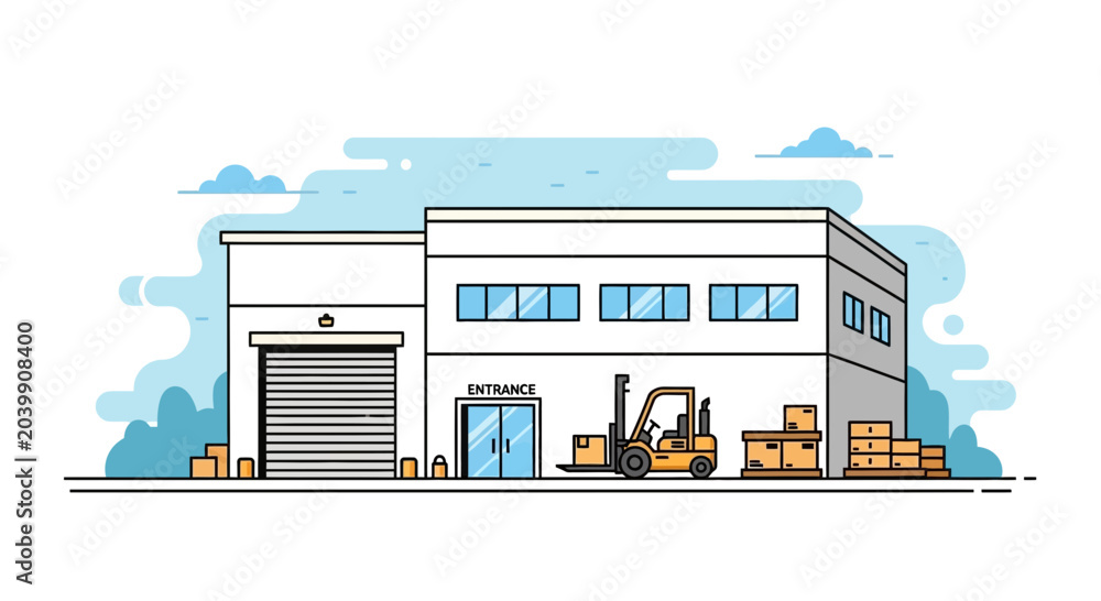 Fototapeta premium Modern Warehouse Building with Forklift and Boxes, Industrial Logistics Illustration