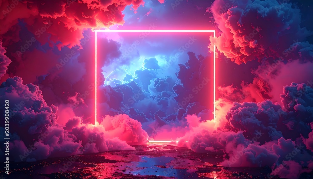 Fototapeta premium A vibrant neon square glows amidst billowing clouds in shades of pink, red, and blue, reflecting on a dark, wet surface