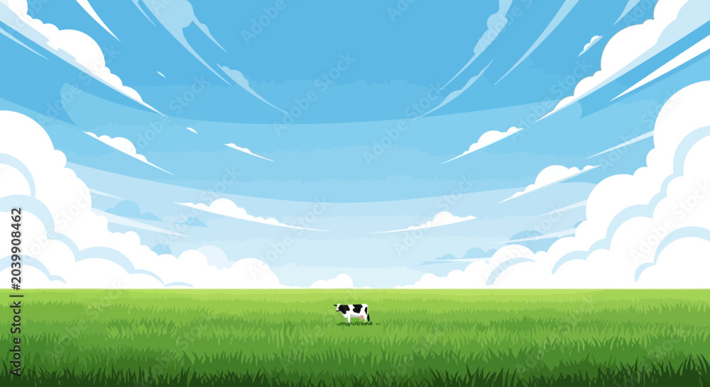 Fototapeta premium Cartoon cow grazing in vast green meadow under bright blue sky with fluffy clouds