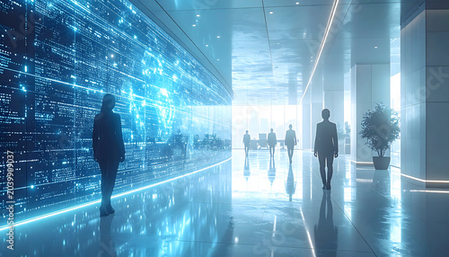 Futuristic Business Transformation Concept with Corporate Silhouettes and Big Data Wall