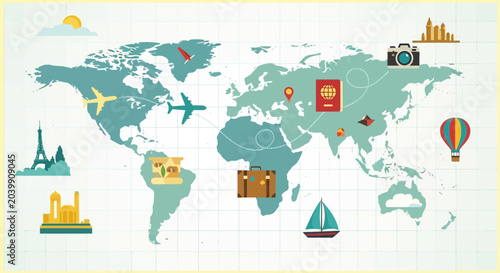 Schilderij op canvas World Map Travel Icons: Global Adventure & Vacation Destinations