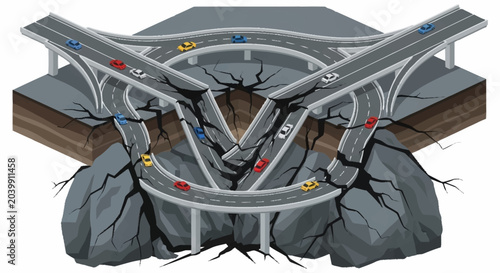 Fotografie An illustration of a highway interchange built on unstable ground with cracked rocks