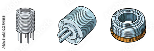 Set of cylindrical components with ribbed texture and metallic finish