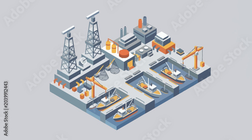 Photos Isometric industrial shipyard with cranes and docks.