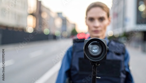 Police officer wearing dark blue uniform vest with body camera mounted and focused forward on city street