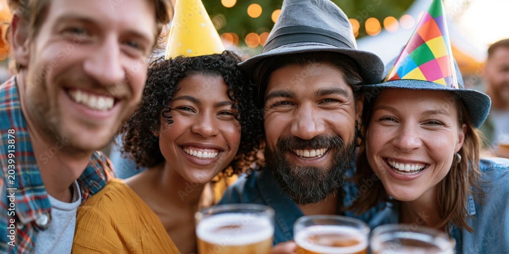 Fototapeta premium A lively group of friends celebrating at a social event, raising their glasses in joy, showcasing camaraderie, happiness, and the vibrant spirit of friendship in a festive atmosphere.
