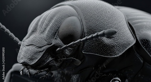 Extreme close-up macro photograph showcases the intricate detail of a beetle's multifaceted compound eye and textured exoskeleton