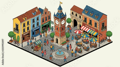 Tableau sur toile a colorful 3D isometric illustration of a bustling town square with people and buildings
