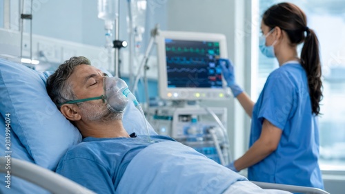 Nurse monitoring male patient receiving oxygen in hospital bed. Intensive care, respiratory support, treatment, recovery and patient care concept.